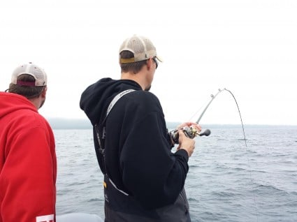 This is what lake trout fishing is all about - thumb on the spool trying to keep the line from going out while you LIFT the fish!